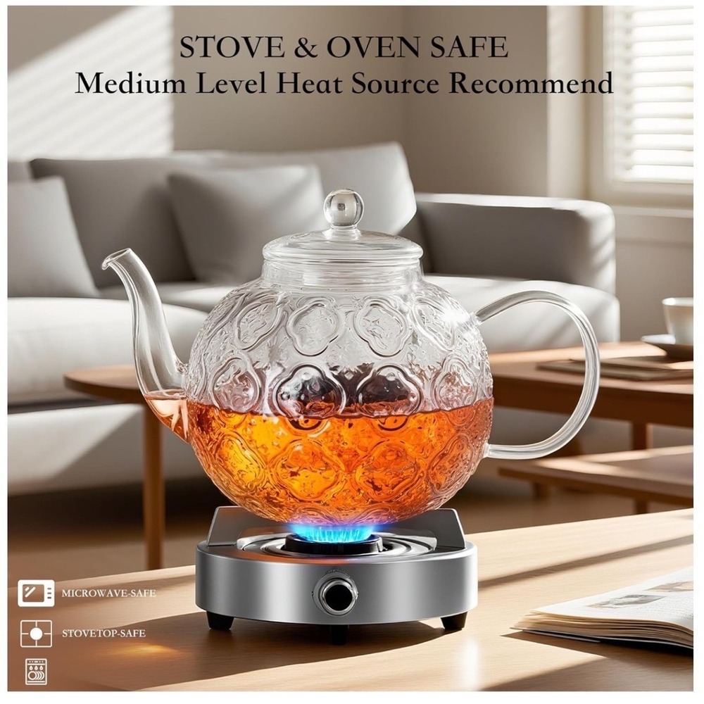 Clear Glass Embossed Teapot With Lid  Stovetop‎ Safe - Picture 2 of 9